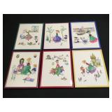 6 framed vintage lithographs