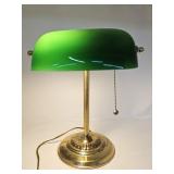 Vintage brass bankers lamp with green glass shade