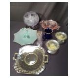 Collection of vintage colored glass plates, mug,