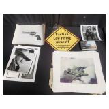 Colection of prints, photographs, metal sign and