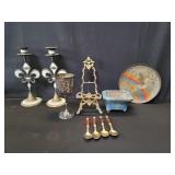 Brass and mother of pearl candlesticks, small