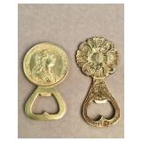 Pair of vintage heavy cast brass bottle openers