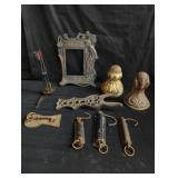 Collection of cast iron picture frame, legs,