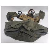 Collection of vintage military headset, bag,