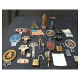 Box of misc, carved santa, metal plaques,