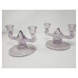 Pair of etched purple crystal candlestick holders