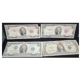 Three 2 dollar bills and one 1 dollar Silver