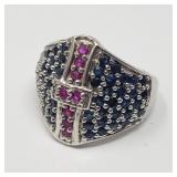 Sterling silver ring with pink and blue topaz