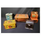 Group of vintage coin banks and containers