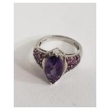 Sterling silver, amethyst, and pink gemstone ring