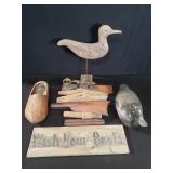 Box of misc wood duck decoy, gun stock, etc