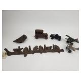 Collection of cast iron coat hanger, toy cars,