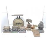 Box of miscellaneous, copper coin bank, antique