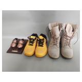 Pair of Work Zone boots and Fila tennis shoes