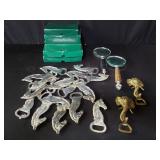 Box of silver plate horse head bottle opener,