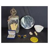 Box of marble mortar, sunglasses, McCoy pottery,