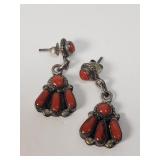 Vintage Zuni silver and coral dangle earrings
