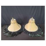 Pair  of feather and fabric lamp shades