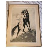 Vintage Louis Icart print Lady with black horse,