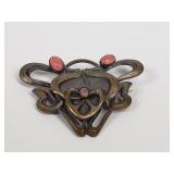 Vintage Art Nouveau brass brooch with pink stones