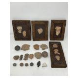 Pre-Columbian terracotta pieces, some framed box