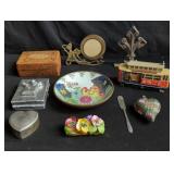 Carved trinket box, metal picture frame, iron