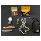 Onyx and silver necklace, pearl necklace with14k