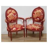 Pair of vintage carved wood and upholstered arm