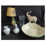 Ceramic bowl, composite elephant figurine, glass