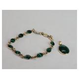 14k gold and malachite bracelet and pendant