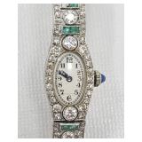 Longines Art Deco platinum, emerald, and blue