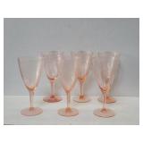 Six pink depression glass stemware goblets