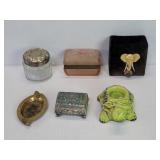 Glass, metal, and velvet trinket boxes, brass