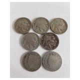 Five Buffalo nickels and two Liberty head nickels