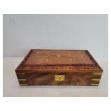 Vintage hand-carved wood box with brass inlay