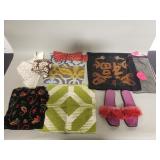 Box of miscellaneous items, beaded pillow case,