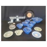 Glass menorah,  Wedgwood ashtrays, blue glass