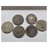 6 Union Shield nickel coins 1871 No Rays, 1883,