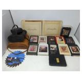 Box of miscellaneous  records, binoculars, and