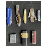 Group of pocket/swiss knives, lighters