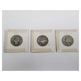 3 Washington silver quarters 1945, 1946-D, 1947