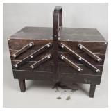 Mid-century style sewing box with accessories