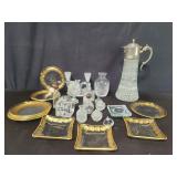 Vintage glass candelabra, glass pitcher, plates,