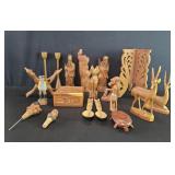 Group of carved wood figures, trinket box, etc.