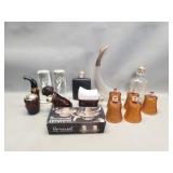 Box of miscellaneous perfume bottles, candle