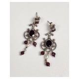 Sterling silver, garnet, and pearl drop earrings