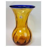 Blenko hand made amber and blue glass vase