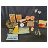 Box of miscellaneous candlesticks, music box as is
