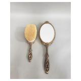Vintage vanity gilt mirror and brush