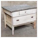 Vintage painted wood workbench with metal top